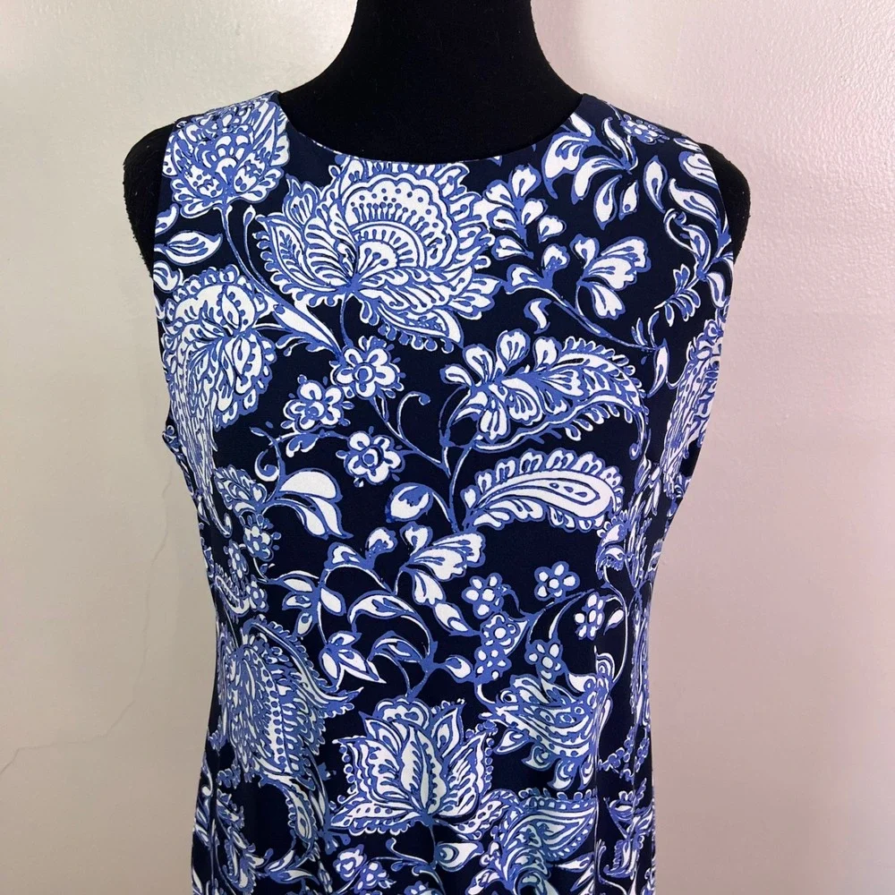 Tommy Hilfiger Paisley Floral Sheath Dress 8 Blue White Sleeveless Coastal Mod - Picture 2 of 7